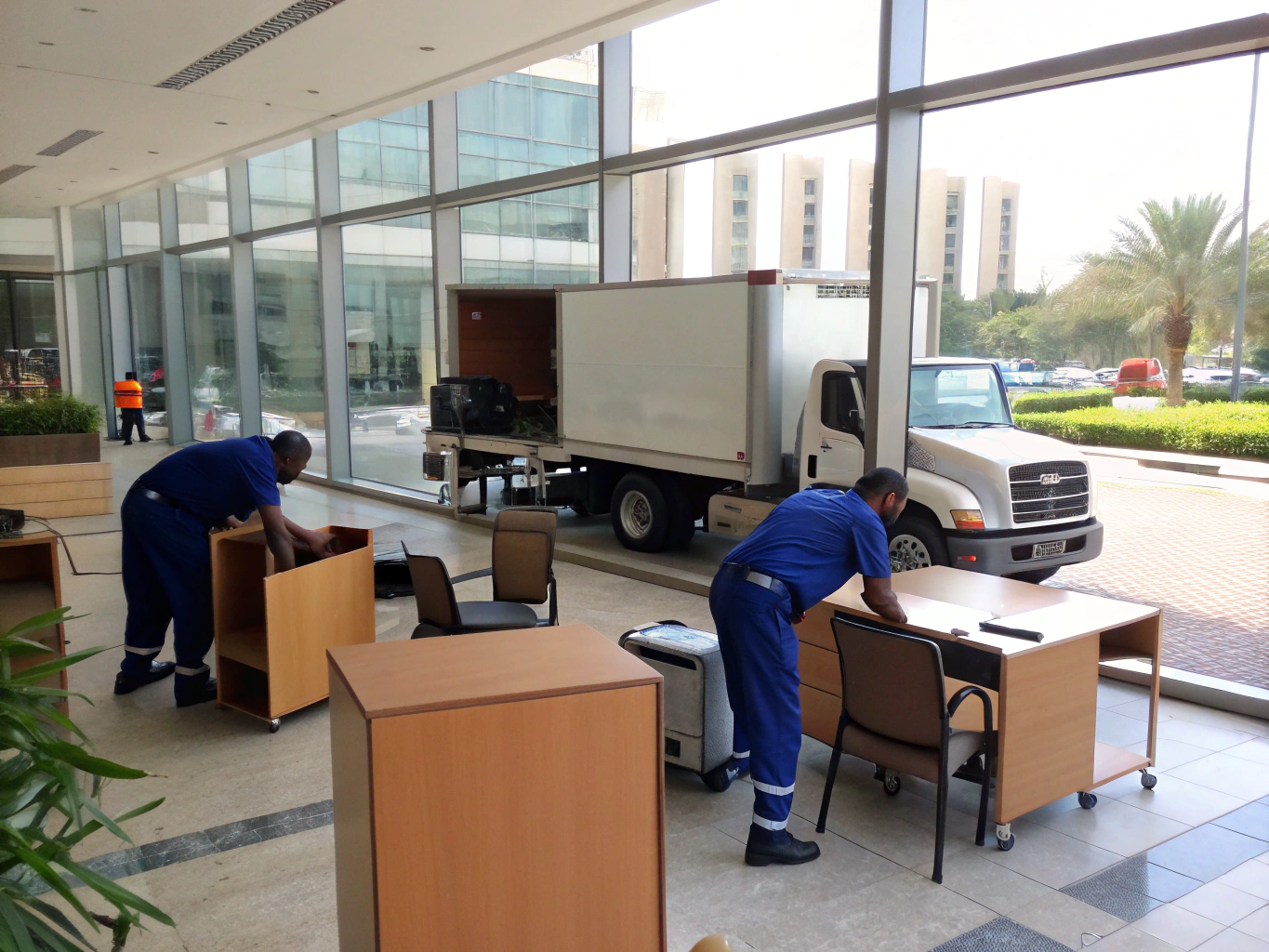 Office furniture and equipment being removed from a commercial space