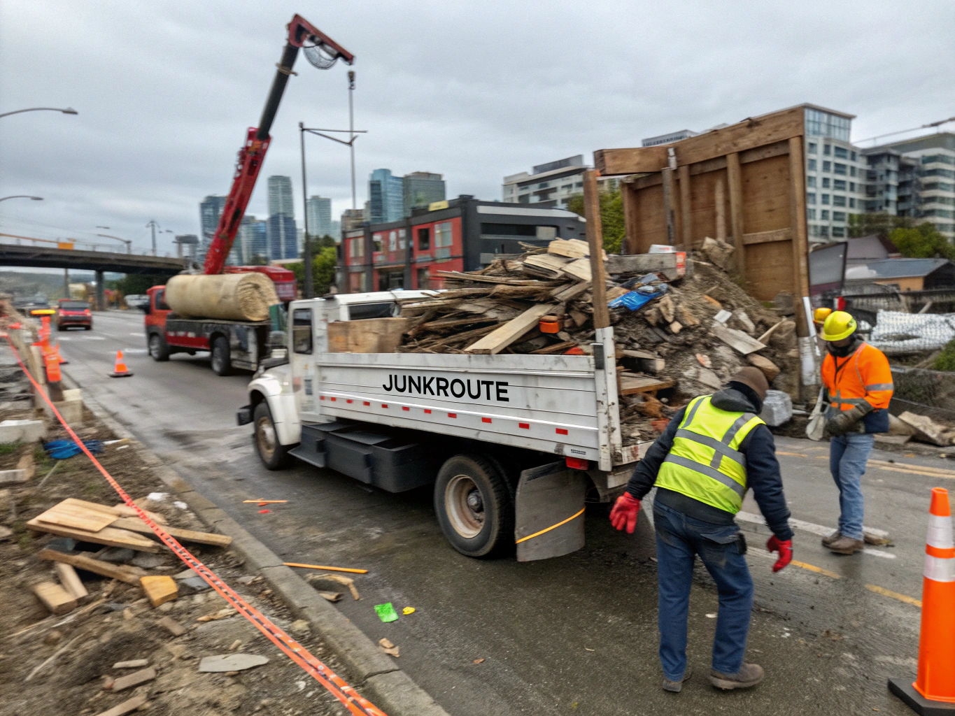 Construction site debris being cleared by professional junk removal team