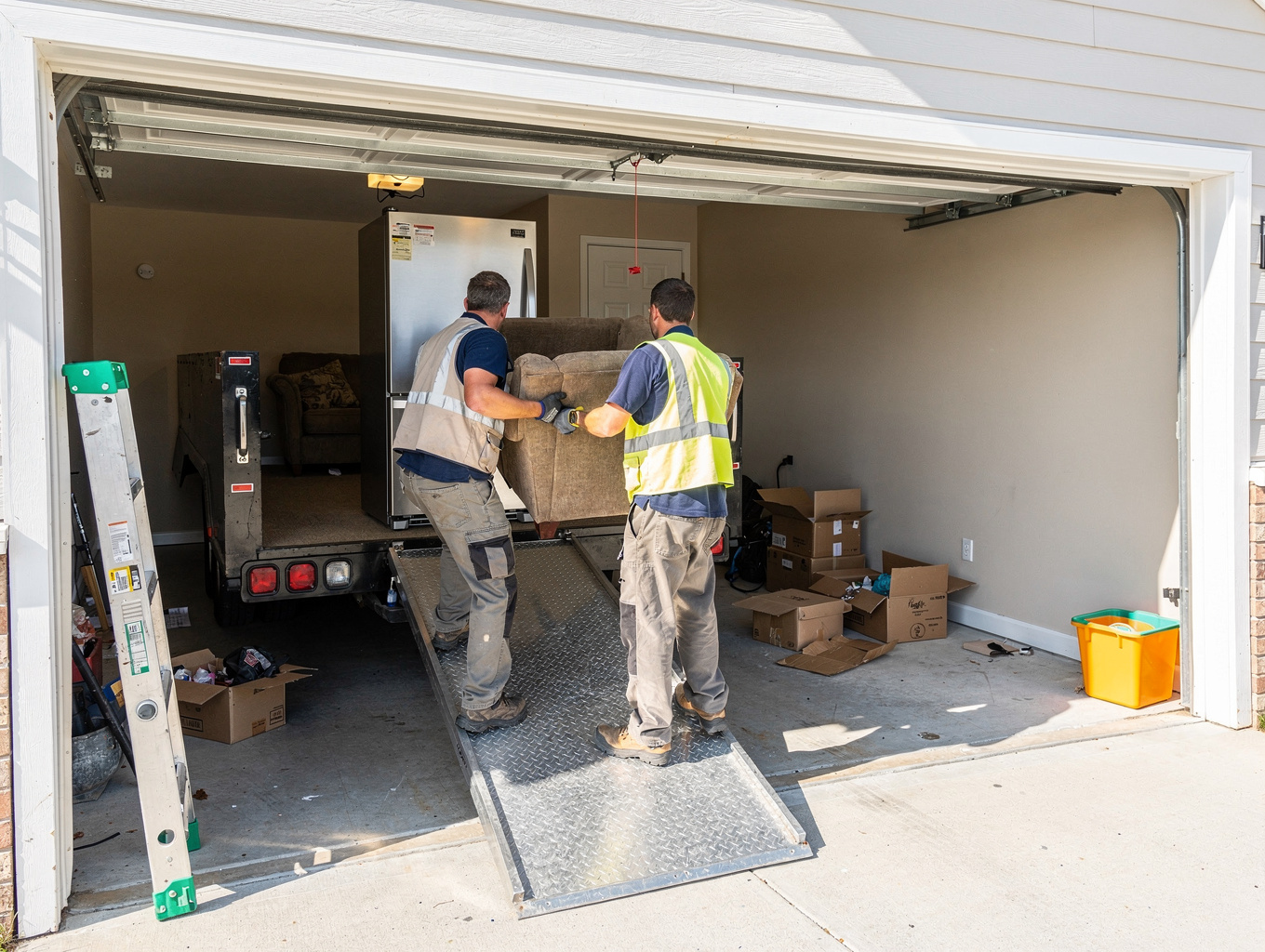 Crew member loading household clutter into a junk removal truck